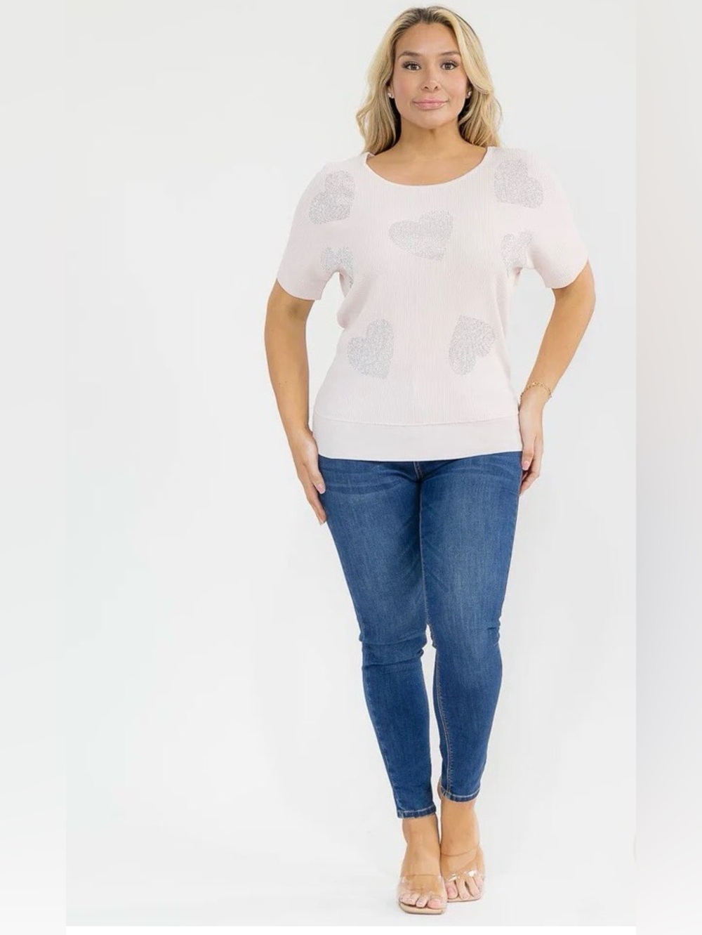 0222.  Light Pink Short Sleeve Heart Accent Sweater Top